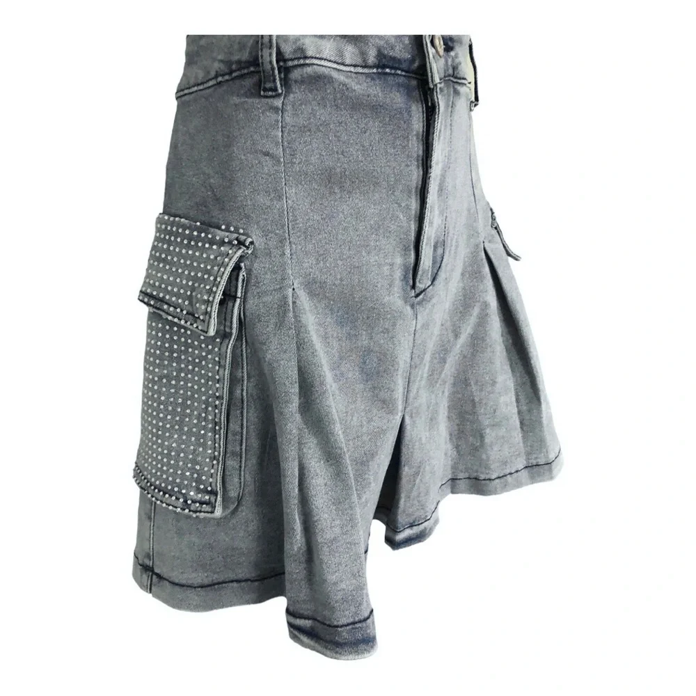 A-line crystal embellished rhinestone utility cargo style mini denim jeans skirt